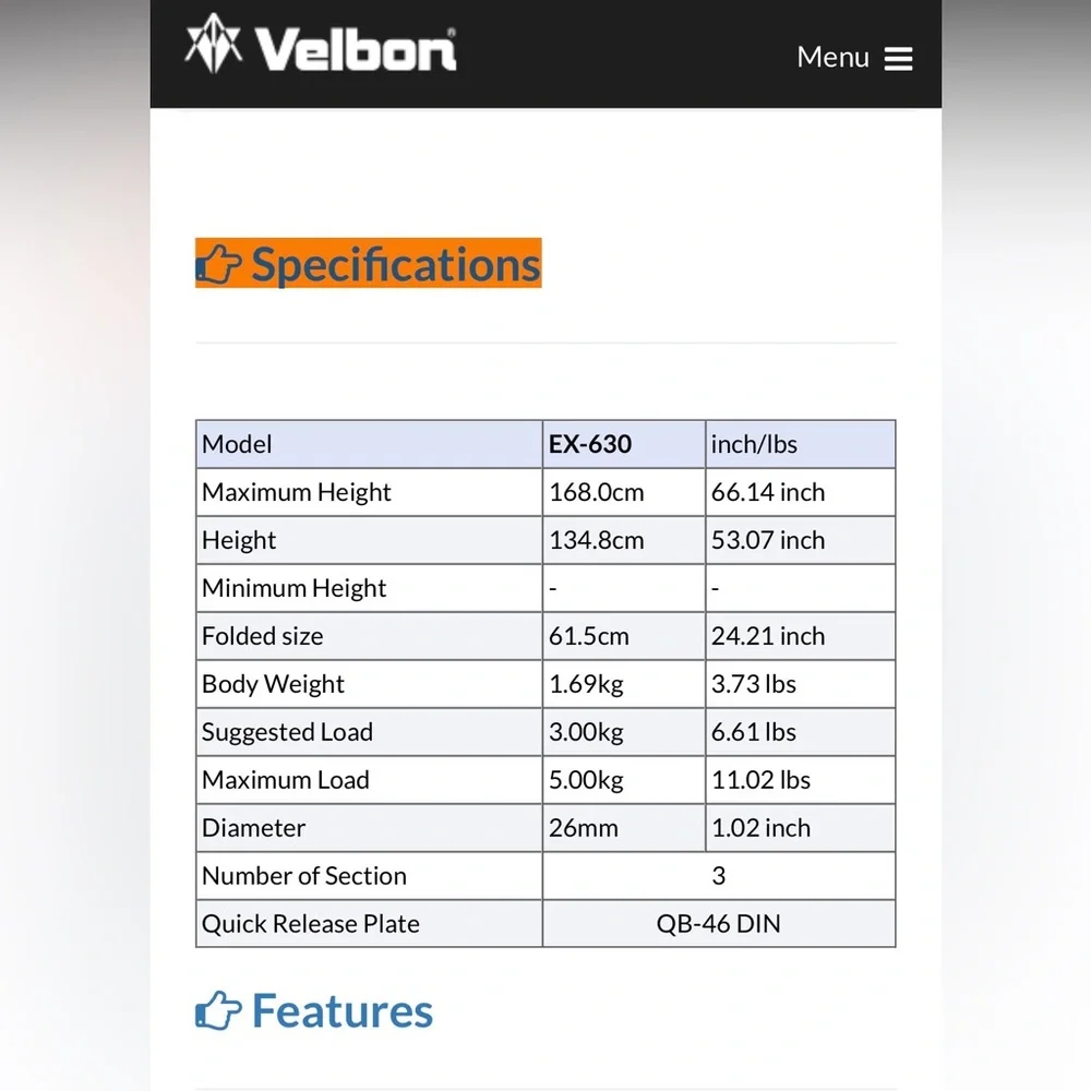 Velbon EX-630 Tripod